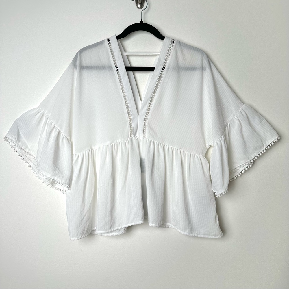 White V-Neck Cotton Blouse with Flared Sleeves